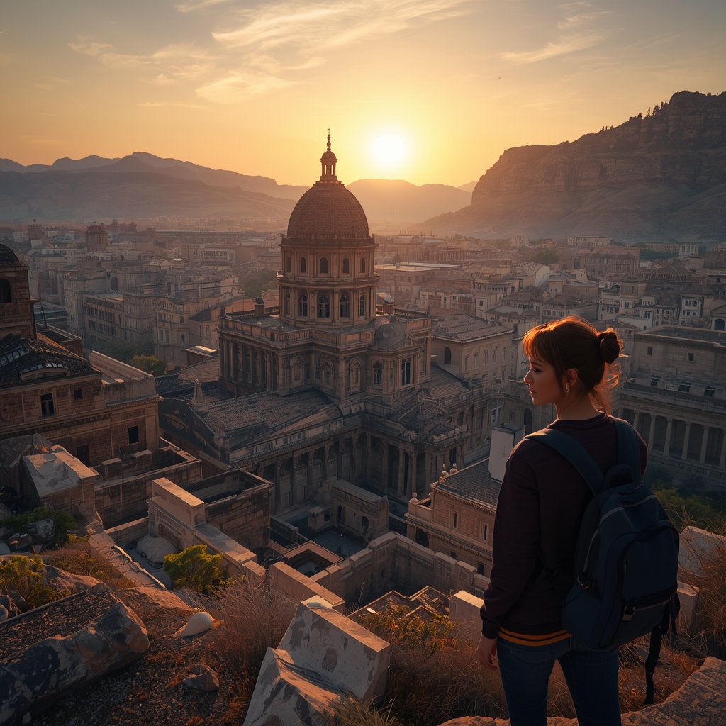 Traveler overlooking an ancient city with golden stone architecture during sunset, warm lighting, deep shadows, exploration and discovery, photorealistic, ultra detailed, no text, nano banana style (this prompt alway no include woman image)
